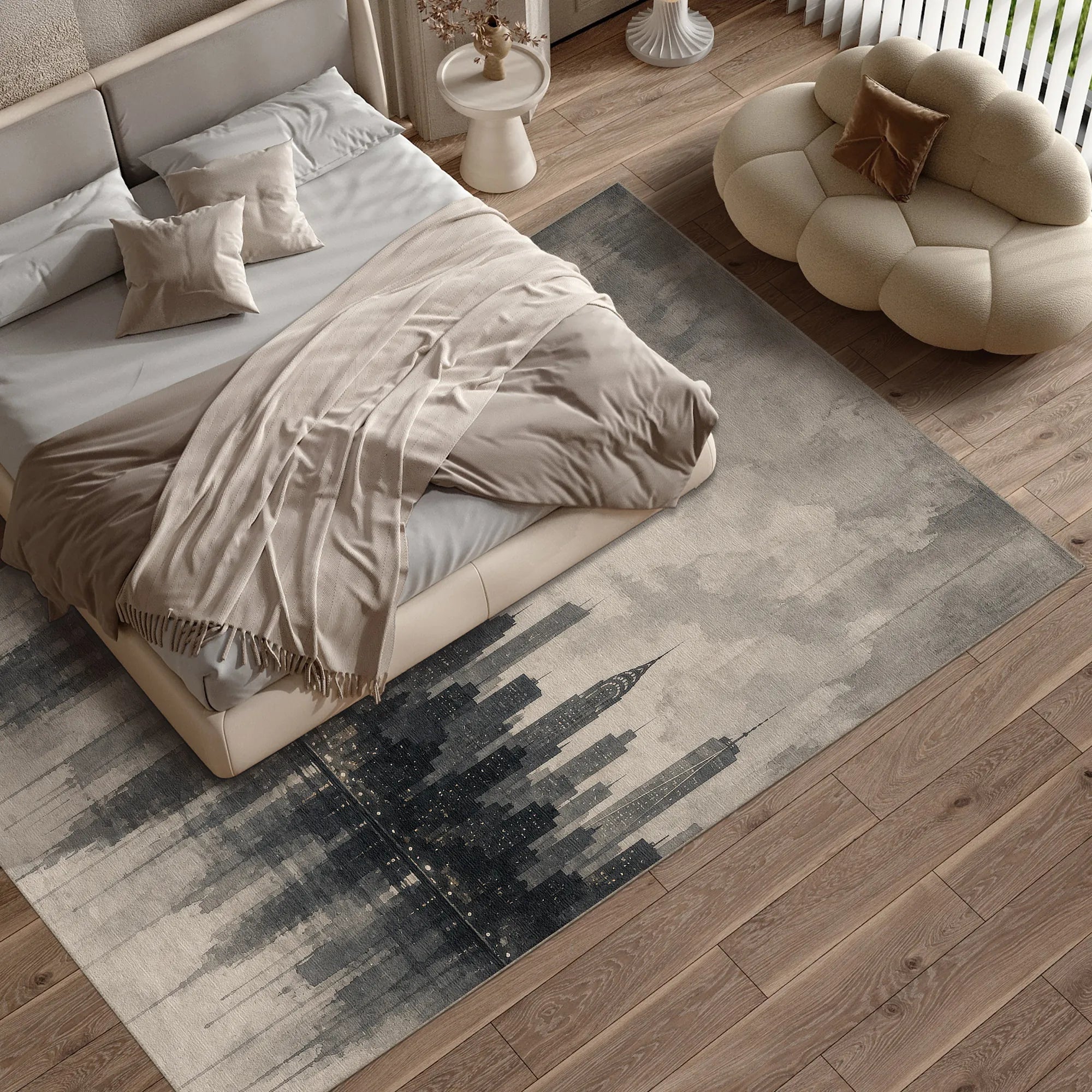 Monochromer Kunstdruck-Teppich mit Skyline von New York City