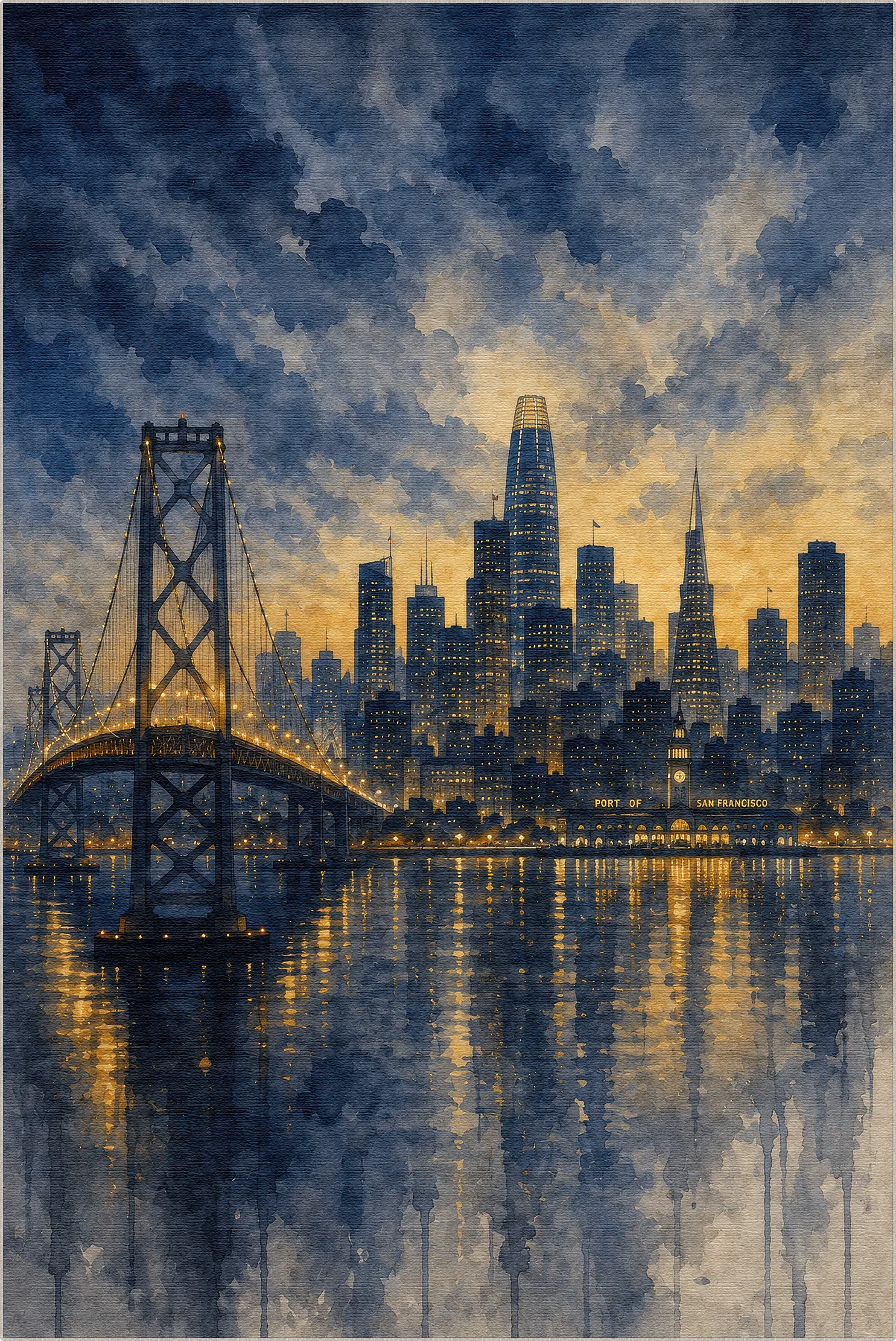 A watercolor-style San Francisco cityscape art rug showing a bridge over water with a skyline of illuminated skyscrapers under a dramatic blue and gold cloudy sky.