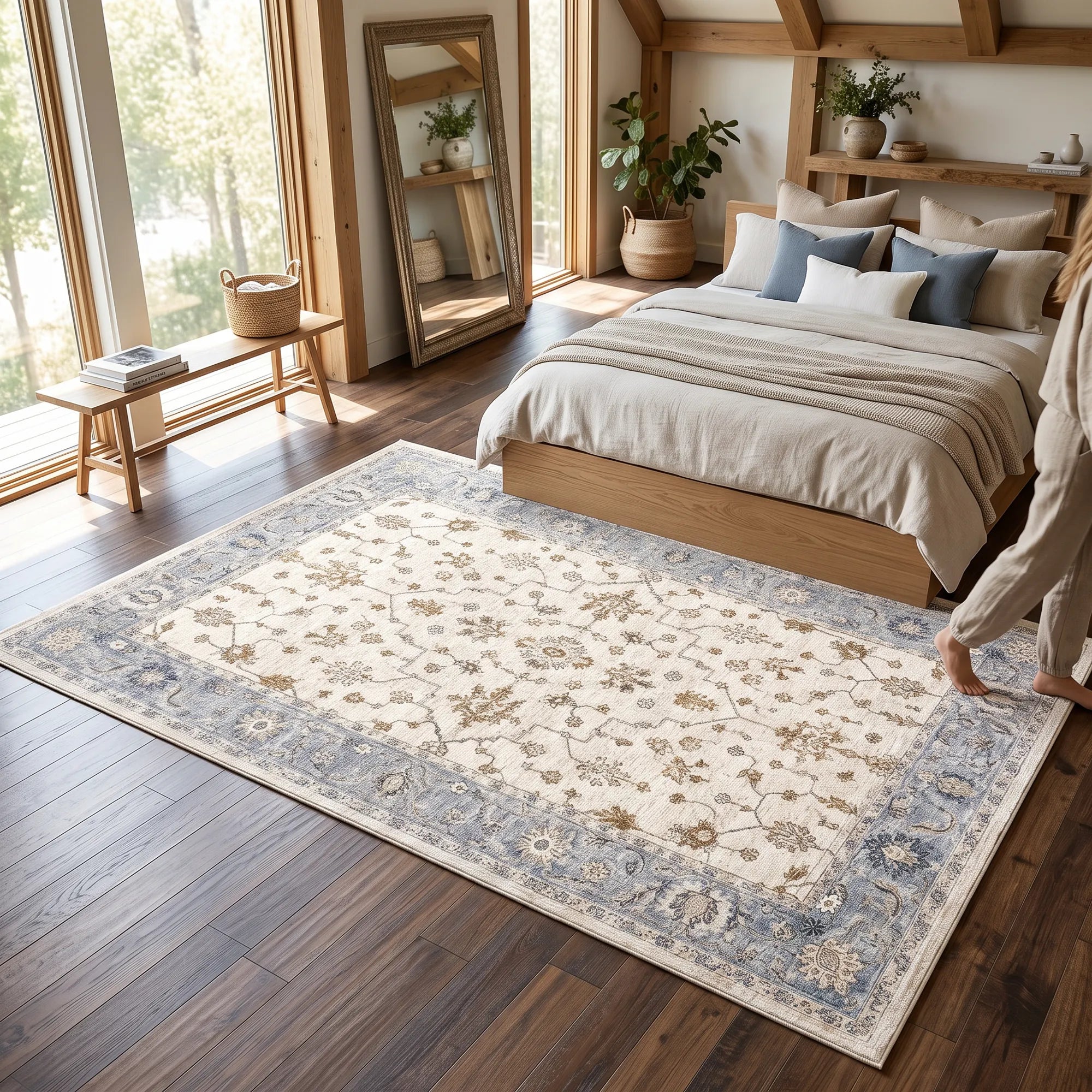 A large rectangular area rug with an ornate floral pattern in cream, beige, and dusty blue, shown on a dark wood floor in a bright, modern bedroom with a bed and a person partially visible on the right.