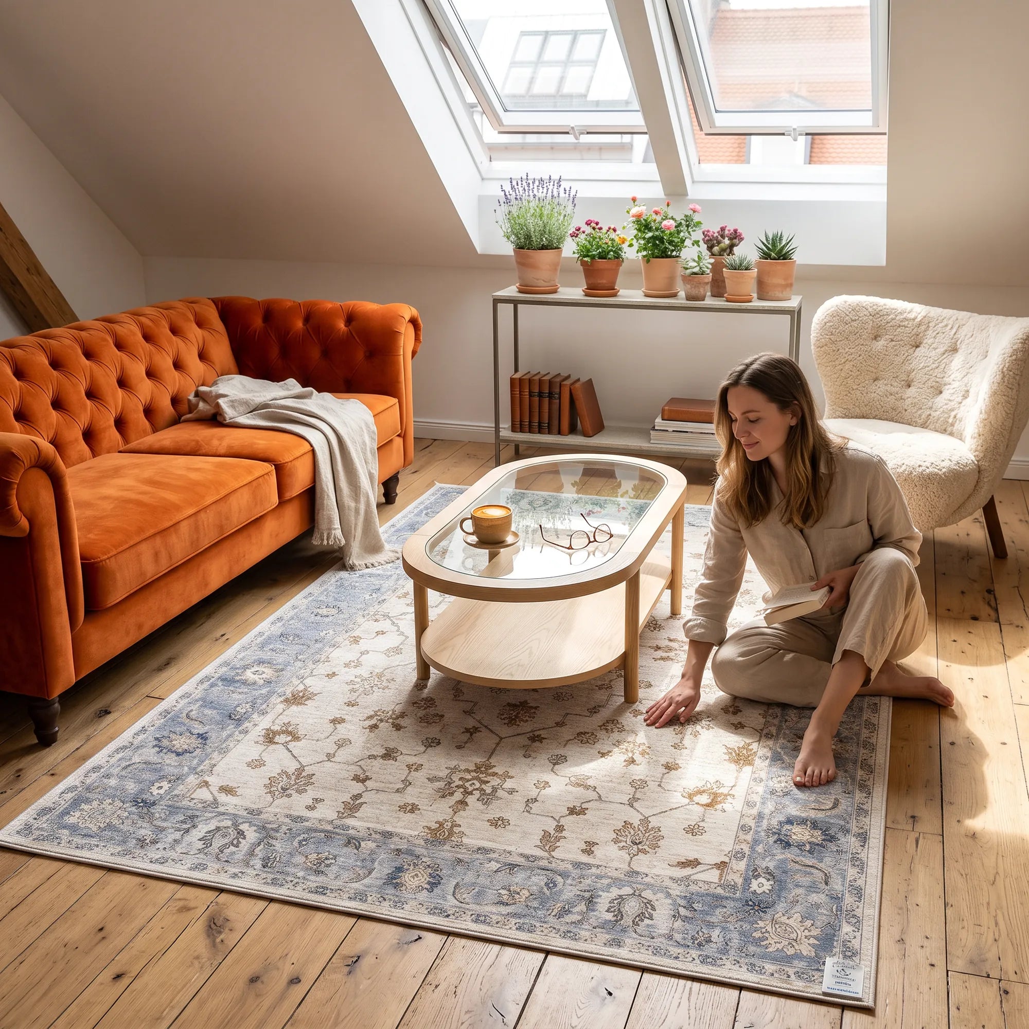 A woman sits on a large traditional-style area rug in a bright attic living room with a wooden floor, an orange tufted sofa, a cream armchair, and a glass-top coffee table.