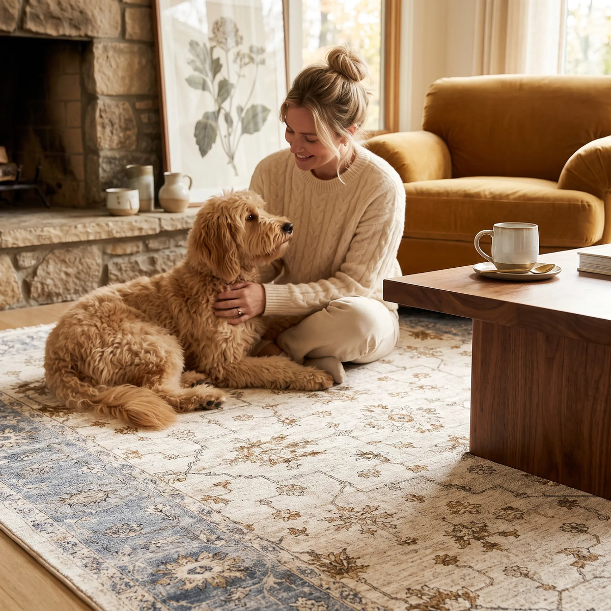 Eine Frau sitzt auf einem gemusterten Teppich in einem gemütlichen Wohnzimmer und streichelt einen goldfarbenen Hund. Der Raum verfügt über einen Steinkamin, einen senfgelben Sessel und einen hölzernen Couchtisch mit einer Tasse.