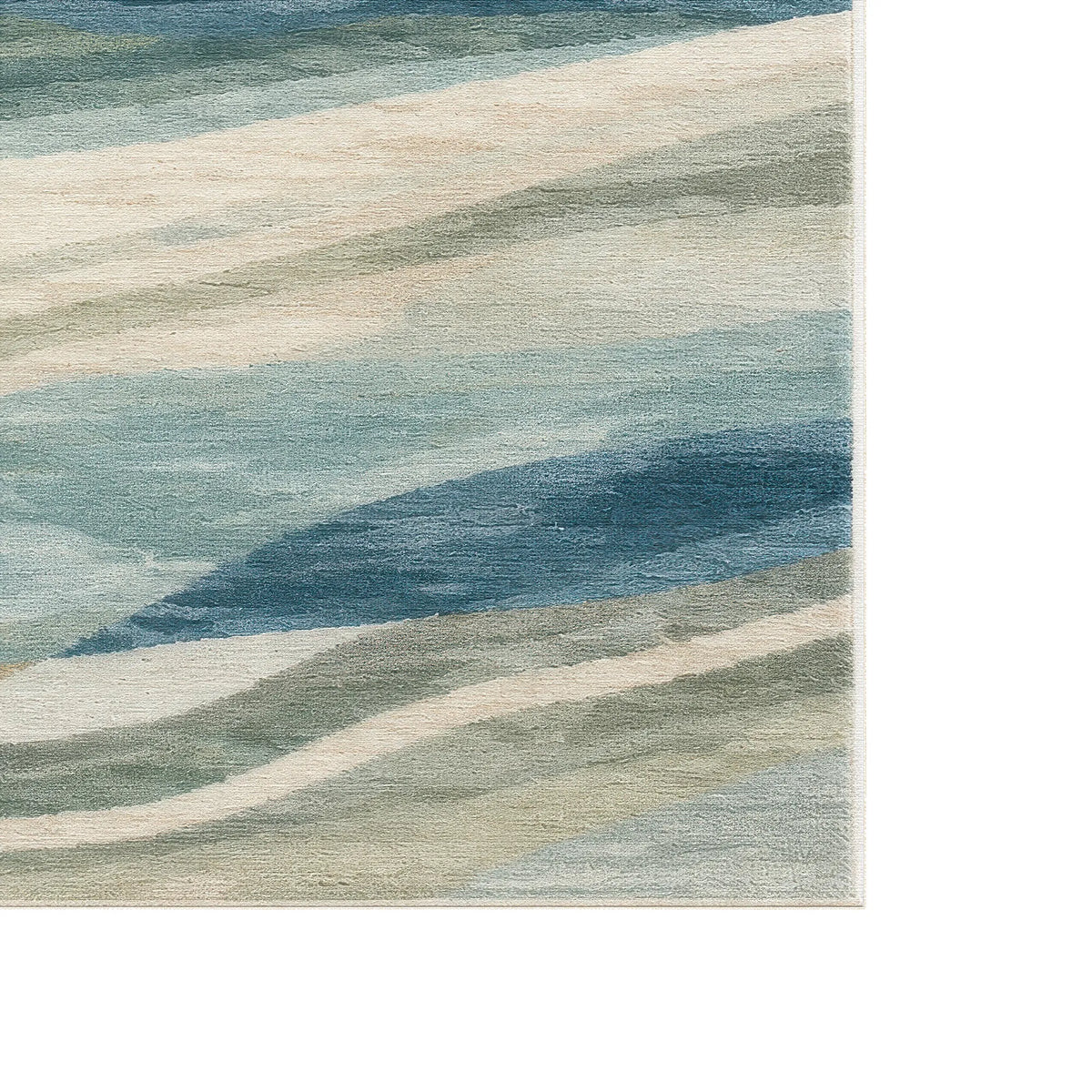 Abstrakter Teppich mit aquarellähnlichem Design in Blau-, Beige- und Grautönen, zugeschnitten dargestellt, um die Textur und das Muster hervorzuheben.
