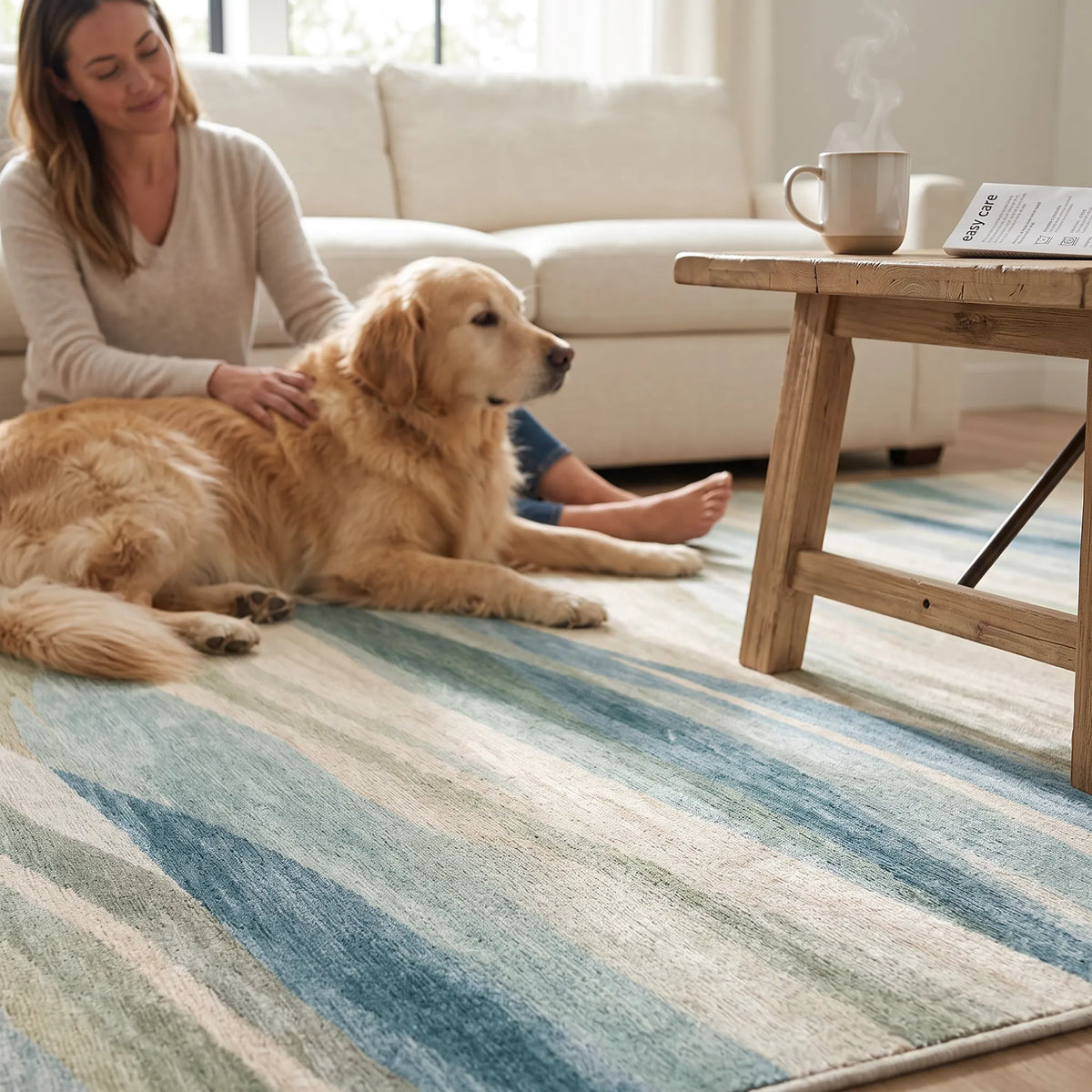 Ein Golden Retriever liegt auf einem gestreiften Teppich in einem hellen Wohnzimmer, während eine Frau in der Nähe sitzt und den Hund streichelt. Rechts ist ein hölzerner Couchtisch mit einer Tasse zu sehen.