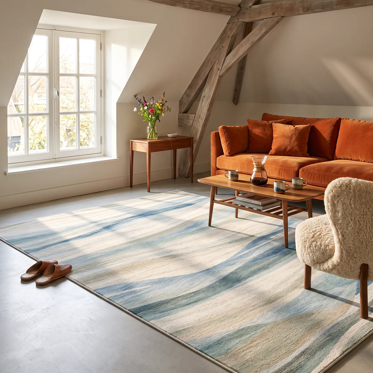 Ein großer Teppich mit einem blau-beige-grauen Aquarellstreifenmuster liegt in einem hellen, sonnenbeschienenen Wohnzimmer mit einem rostorangefarbenen Sofa, einem Couchtisch aus Holz und einem cremefarbenen Bouclé-Sessel.