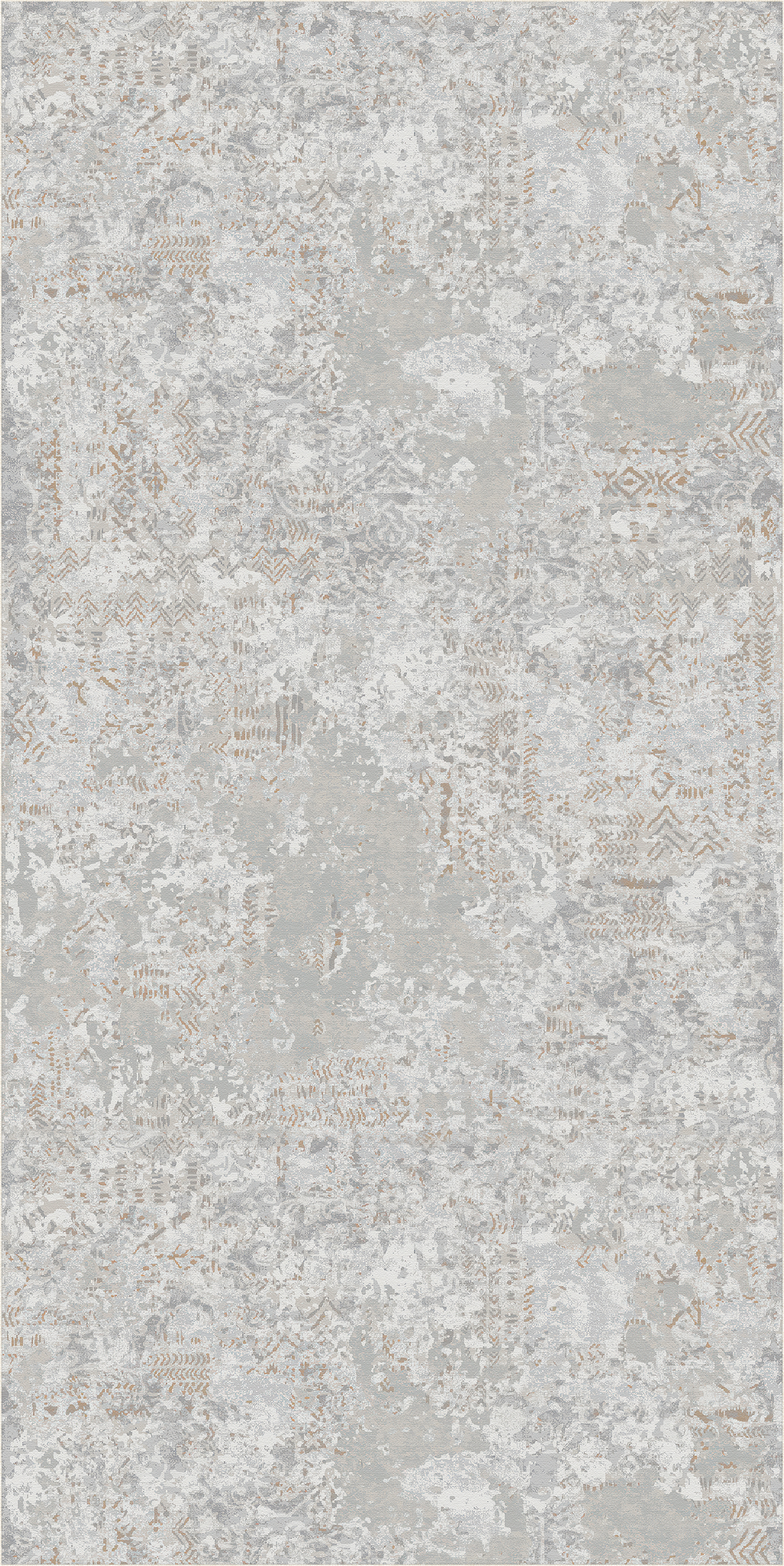 Ein quadratischer Teppich mit einem Used-Look-Muster im Vintage-Stil in Hellgrau, Beige und Weiß, mit dezenten Akzenten in gedecktem Gold.