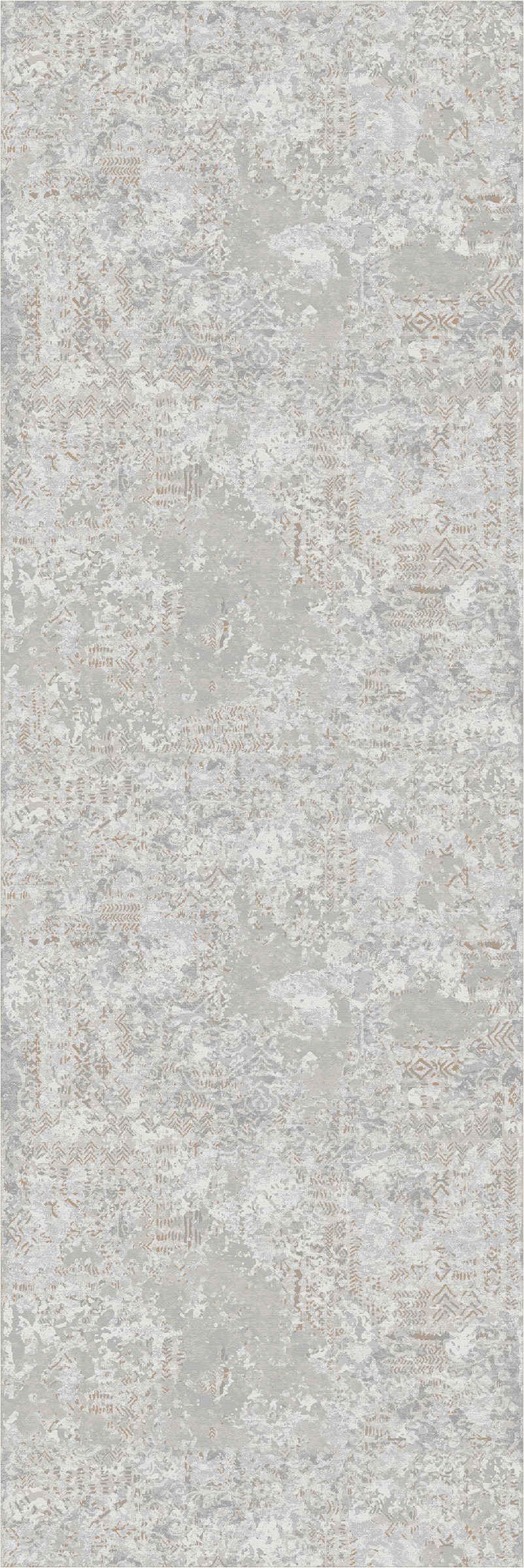 Ein quadratisches Musterstück eines Used-Look-Teppichs mit einem abstrakten floralen Vintage-Muster in sanften Hellgrau-, Beige- und Cremeweißtönen.