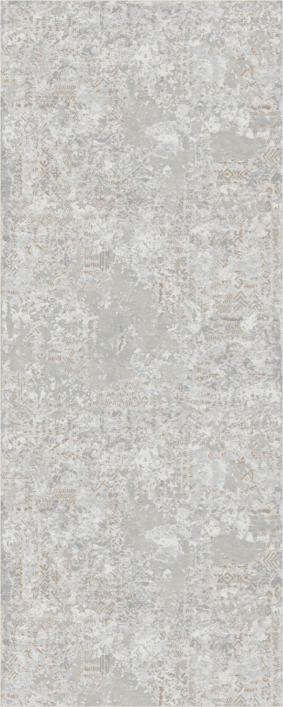 Ein quadratischer Teppich mit einem abgenutzten Muster im Vintage-Stil in Hellgrau, Beige und Cremeweiß.