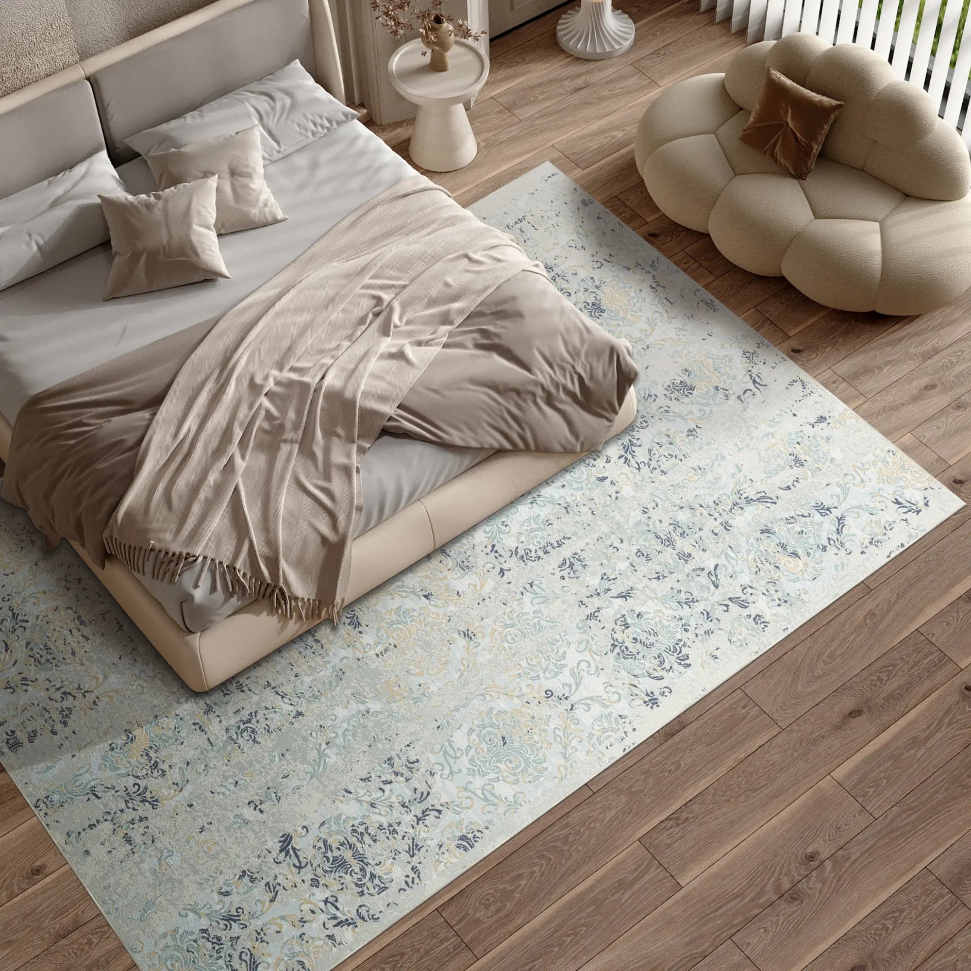 Tidal Damask Waschbarer Blauer Teppich