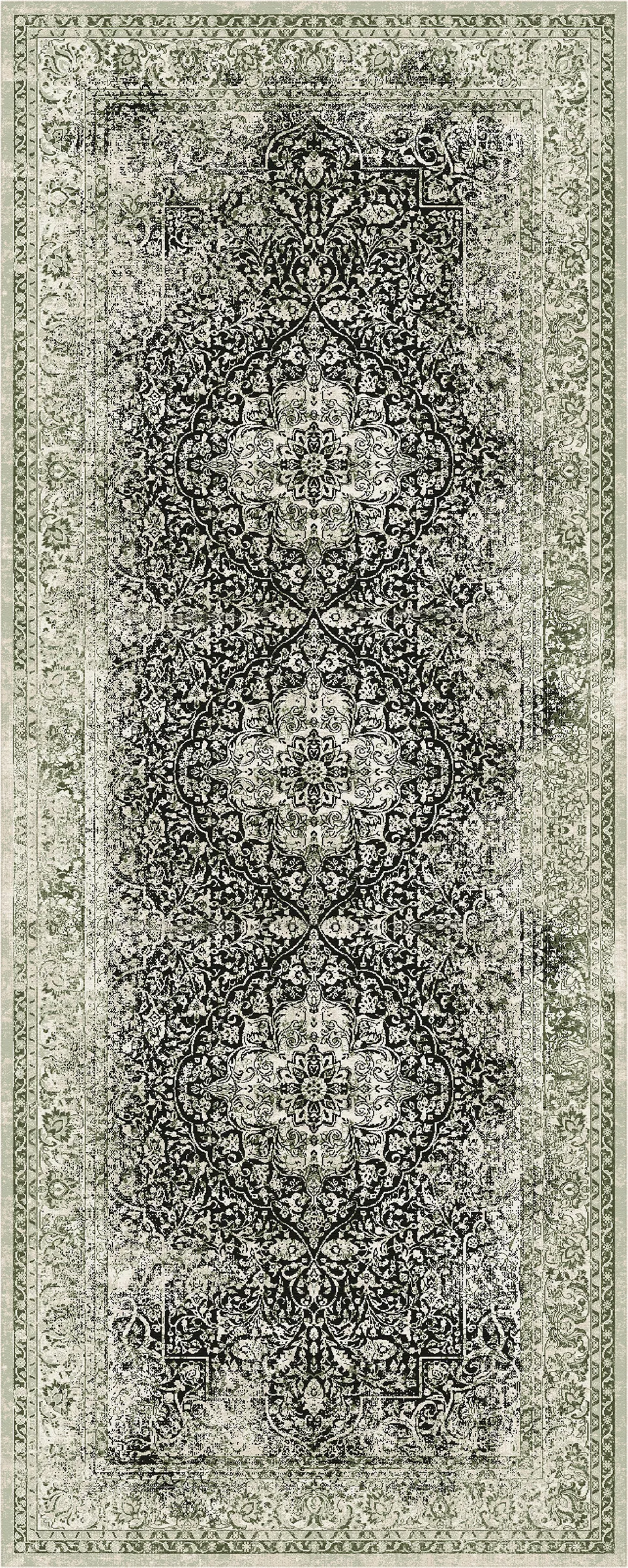 Ein rechteckiger Teppich mit einem kunstvollen traditionellen Medaillonmuster in verwaschenem Schwarz und Grau auf einem warmen beigen Hintergrund.