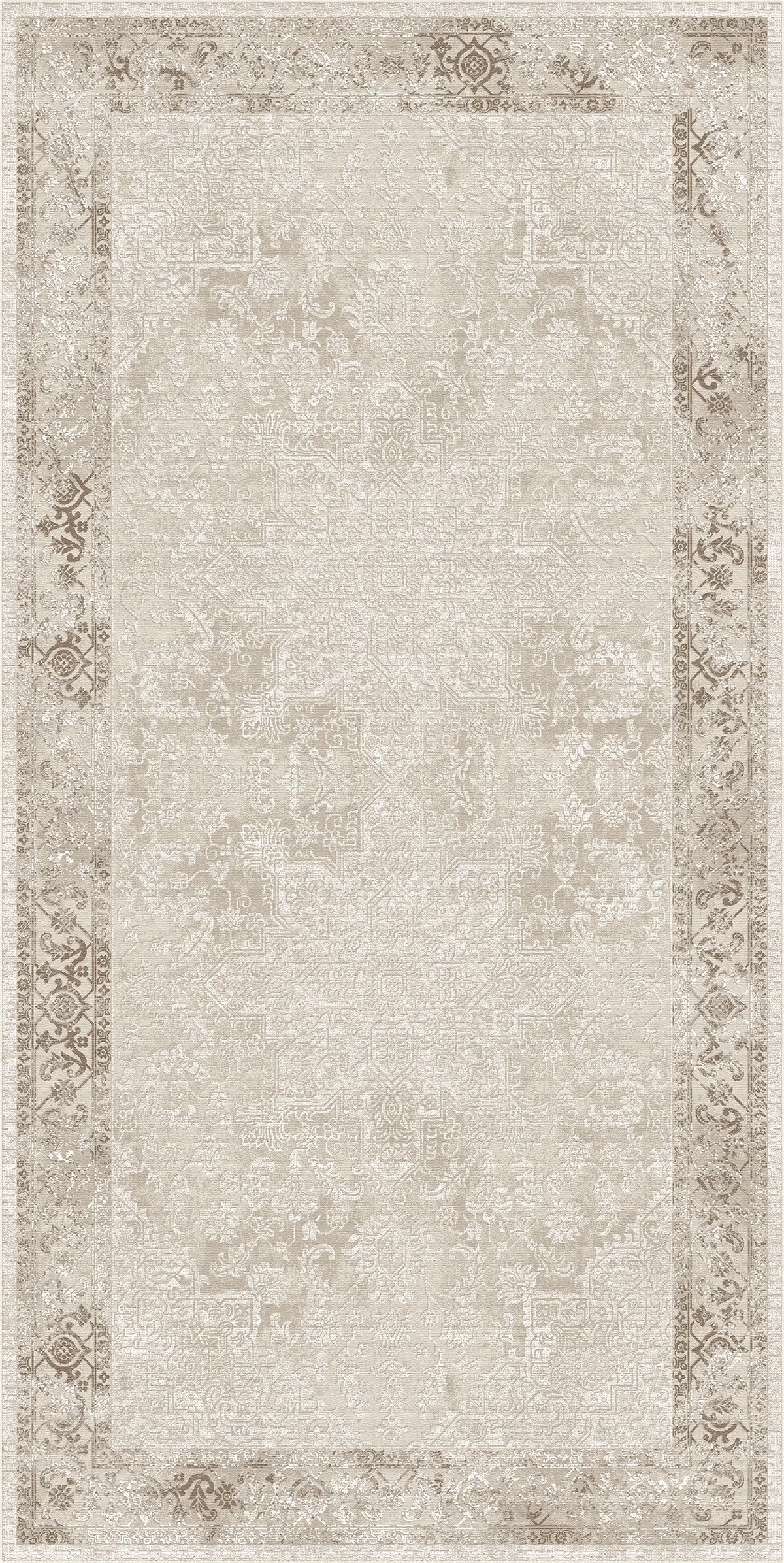 Ein 1 x 2 m großer Teppich mit einem im Used-Look gehaltenen traditionellen Muster in Creme-, Beige- und hellen Taupetönen, einem breiten Mittelfeld und kunstvollen Bordüren.