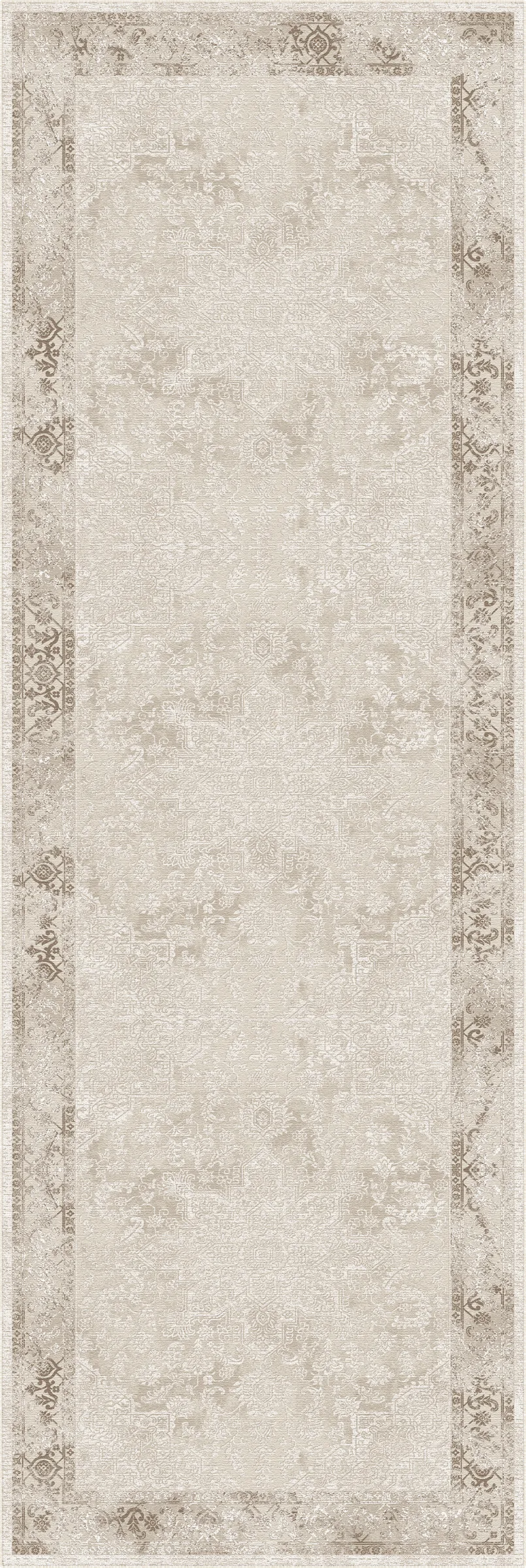 Ein rechteckiger 1×3-Teppich mit einem traditionellen Used-Look-Muster in Beige-, Creme- und Taupetönen, einem breiten Mittelfeld und einer dekorativen Bordüre.