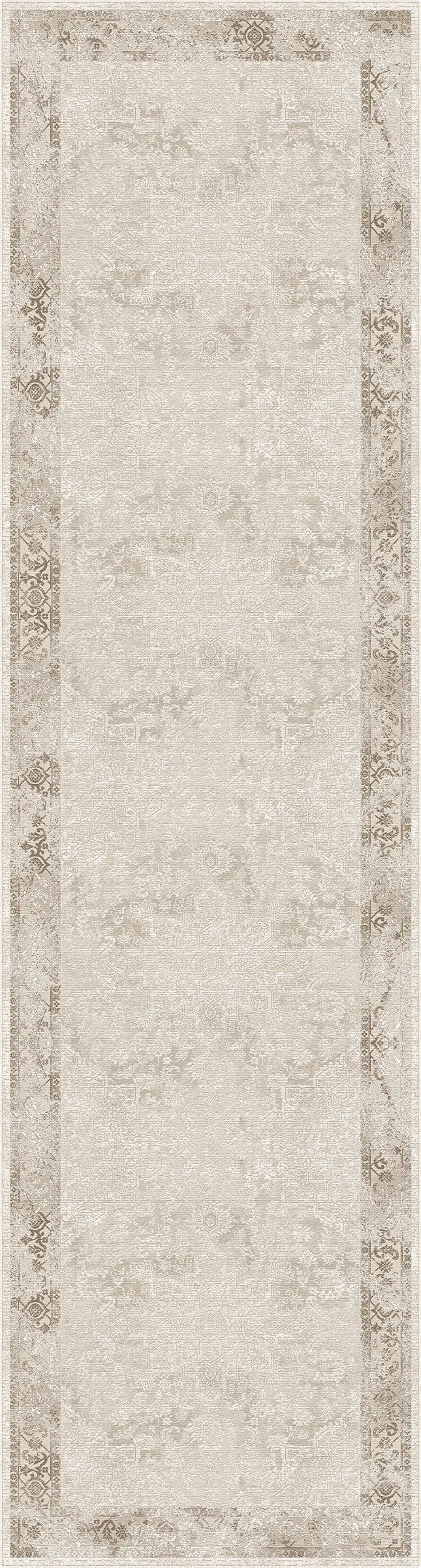 Ein rechteckiger Teppich mit einem traditionellen, abgenutzt wirkenden Muster in warmen Beige-, Creme- und Taupetönen, mit einem breiten Mittelfeld und einer dekorativen Bordüre.