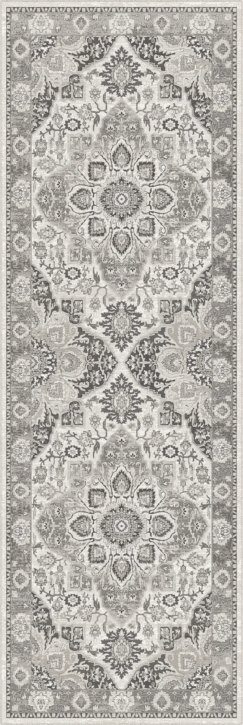 Gemusterter Teppich mit geometrischem Design auf grauem Hintergrund