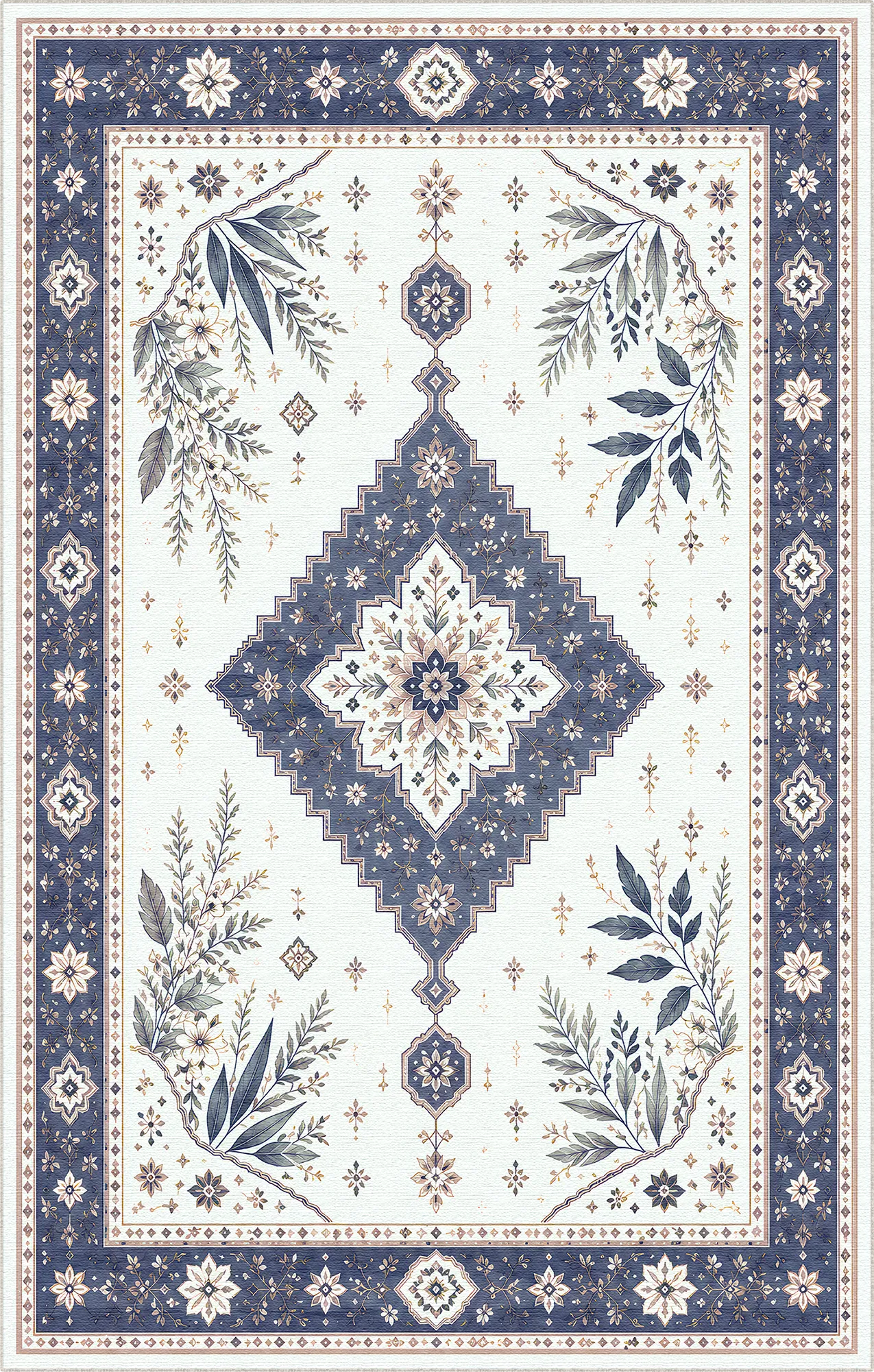 Marineblauer botanischer Medaillon-Teppich