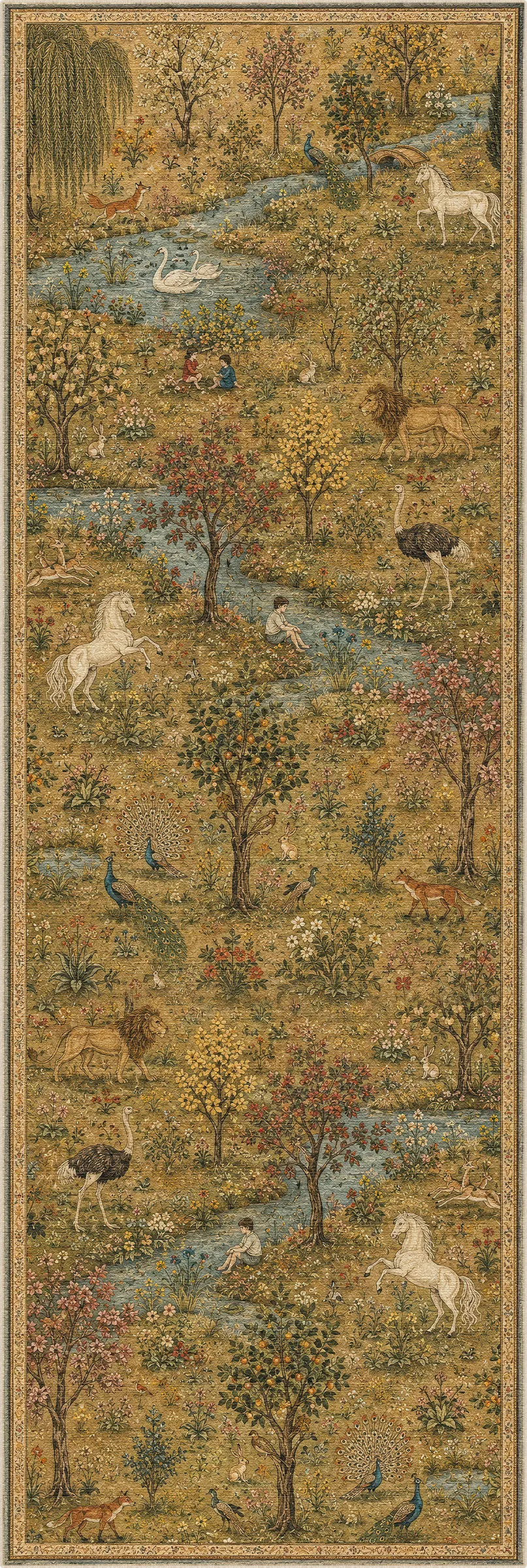 Ein schmaler, vertikal ausgerichteter Teppich, der eine detaillierte pastorale Landschaft mit Bäumen, gewundenen blauen Bächen, kleinen Figuren und mehreren weißen Pferden oder Hirschen auf einem warmen goldbraunen Untergrund zeigt.