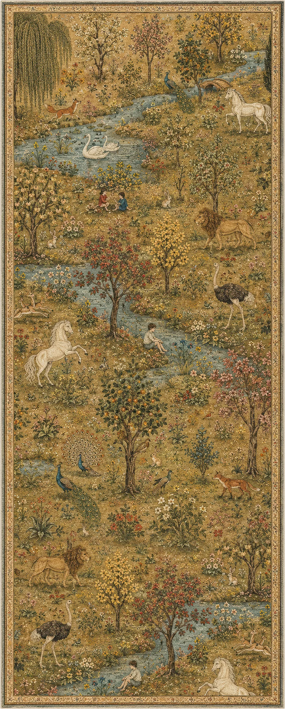 Ein detaillierter Needlepoint-Teppich mit einer verspielten Waldszene, einem sich schlängelnden blauen Fluss, Schwänen, Rehen, Löwen, Pfauen und verschiedenen Tieren in einem detaillierten, vintage-inspirierten Gobelindesign.