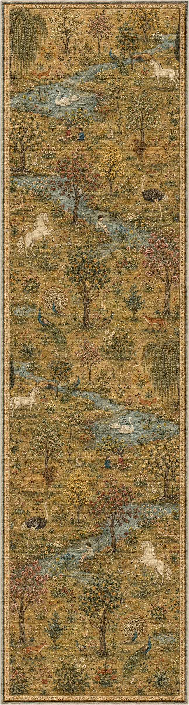 Ein schmaler Teppich mit einer detaillierten pastoralen Landschaftsszene, die Bäume, einen gewundenen blauen Bach und mehrere weiße Hirsche auf einem warmen beige-braunen Untergrund zeigt.