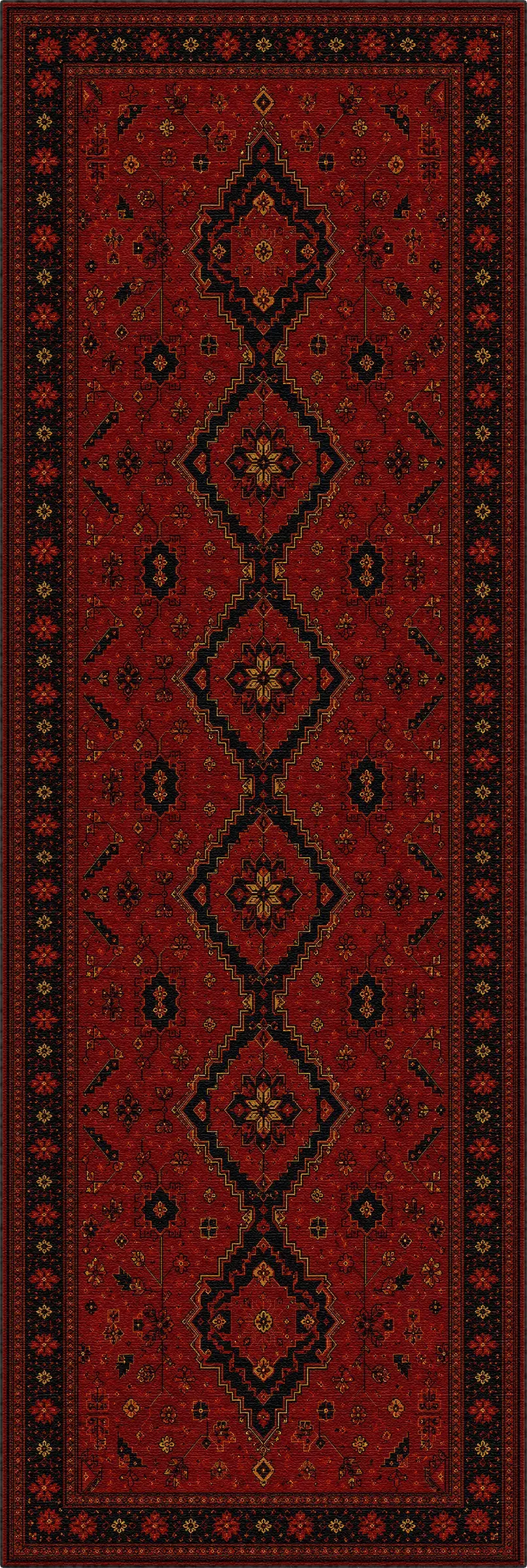 Ein traditioneller Läufer im orientalischen Stil mit einem tiefroten Feld, das ein vertikales zentrales Diamantmotiv und einen dunklen Rand aufweist.