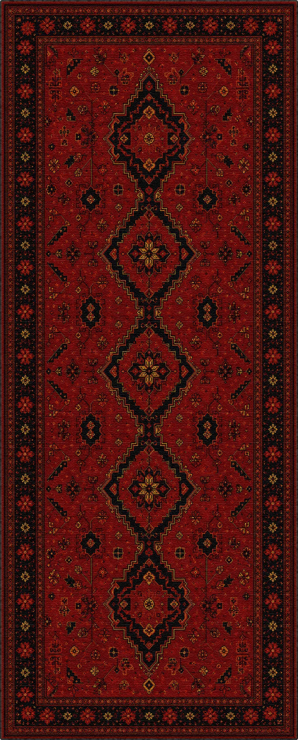 Ein traditioneller Läufer im orientalischen Stil mit einem tiefroten Feld, das eine vertikale Reihe großer dunkler Diamantmedaillons und einen gemusterten Rand aufweist.