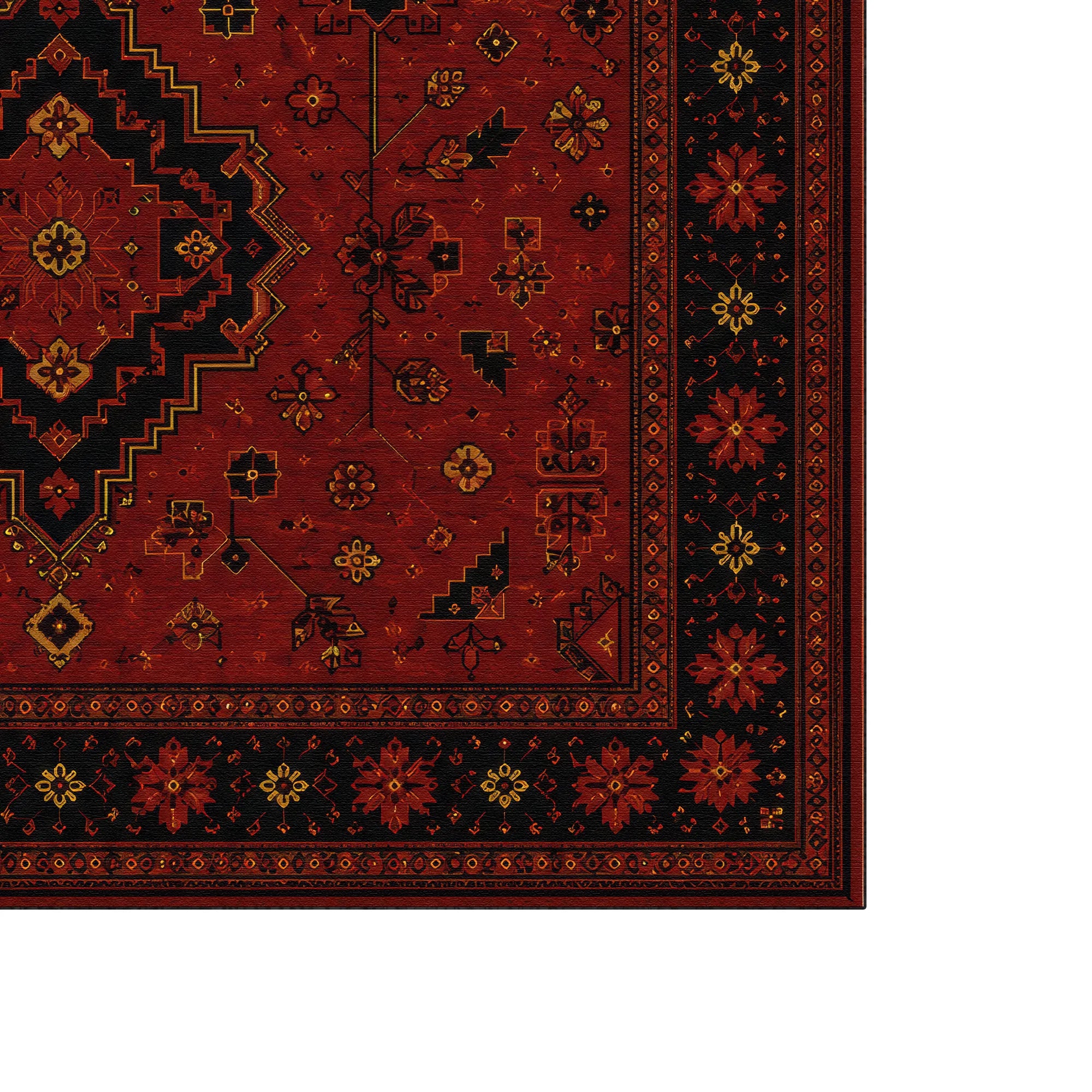 Eine Nahaufnahme einer Ecke eines traditionellen orientalischen Teppichs mit einem tiefroten Feld, schwarzen Rändern und goldenen sowie roten Blumenmotiven.