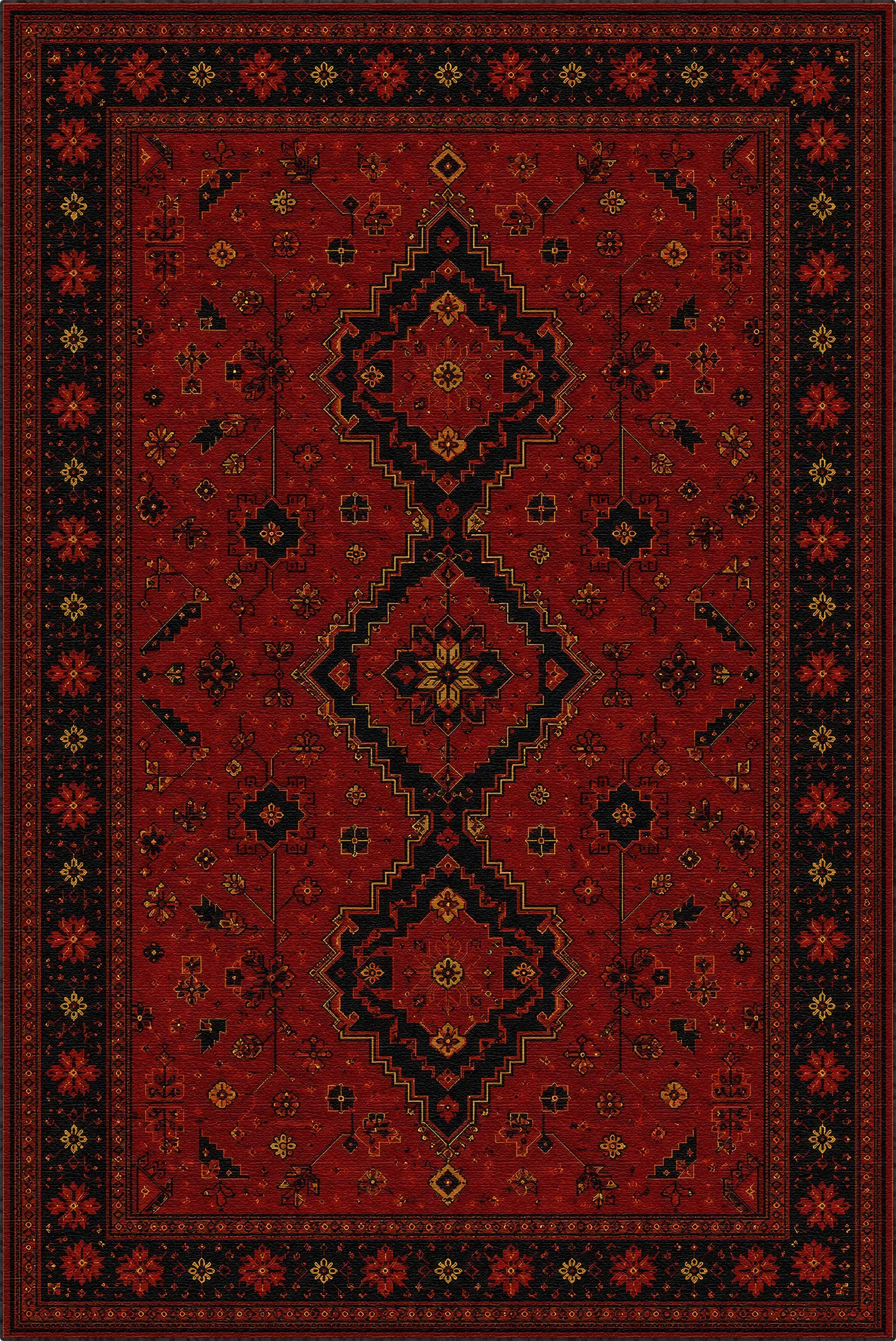 Ein traditioneller Teppich im orientalischen Stil mit einem tiefroten Grund, der große zentrale Diamant-Medaillons und filigrane florale Motive in Schwarz, Dunkelbraun und Beige zeigt.