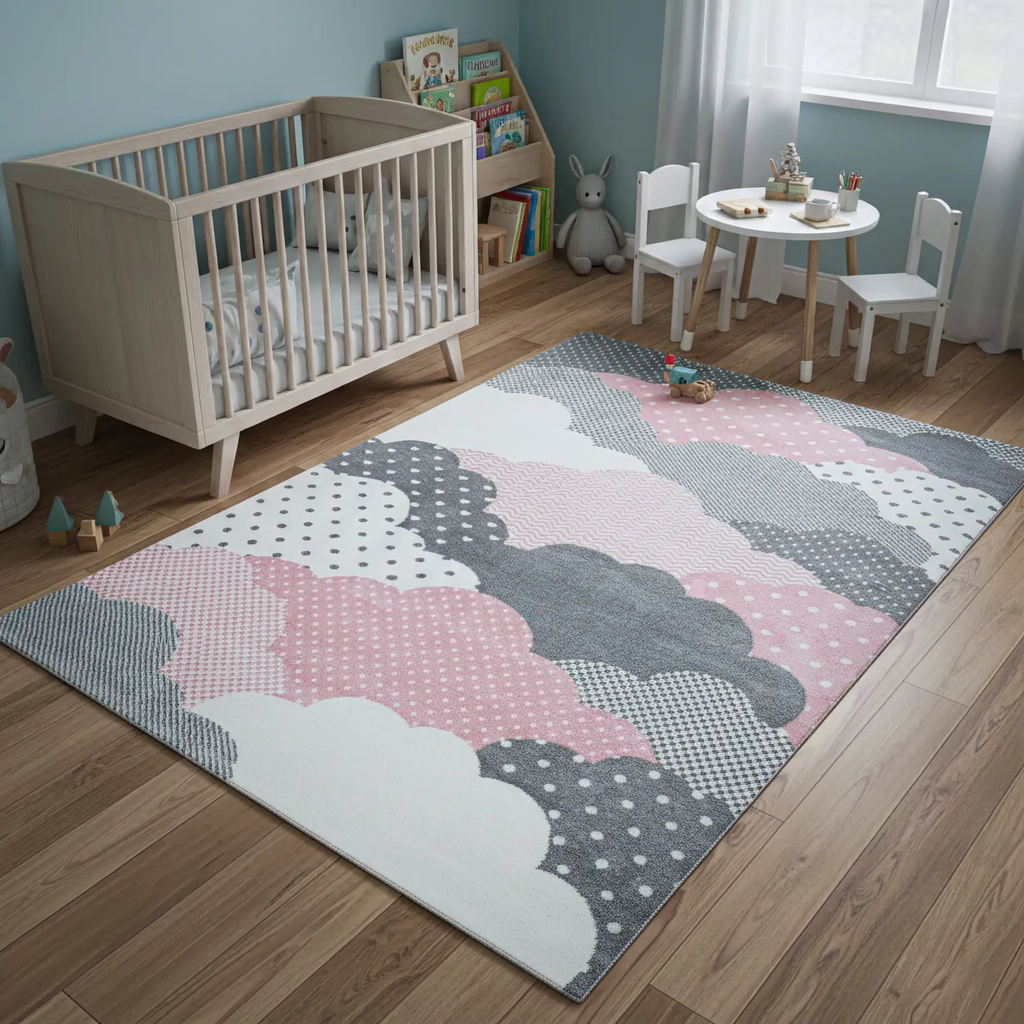 Kinderzimmer Teppich mit Wolkenmuster | Rosa
