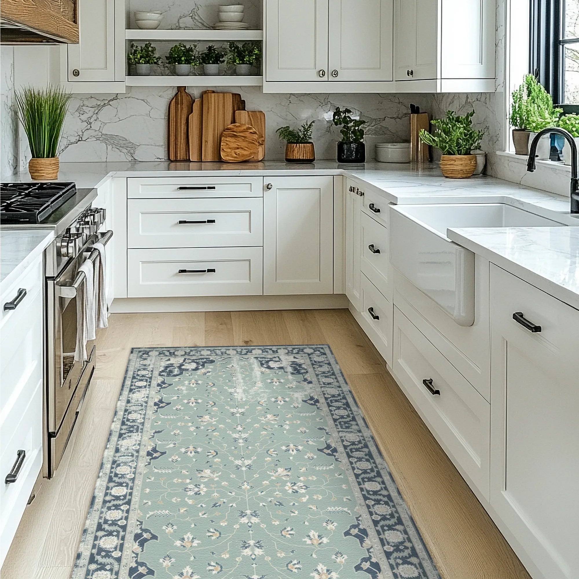 Modern kitchen with white cabinets, marble countertop, and a floral rug on the floor.