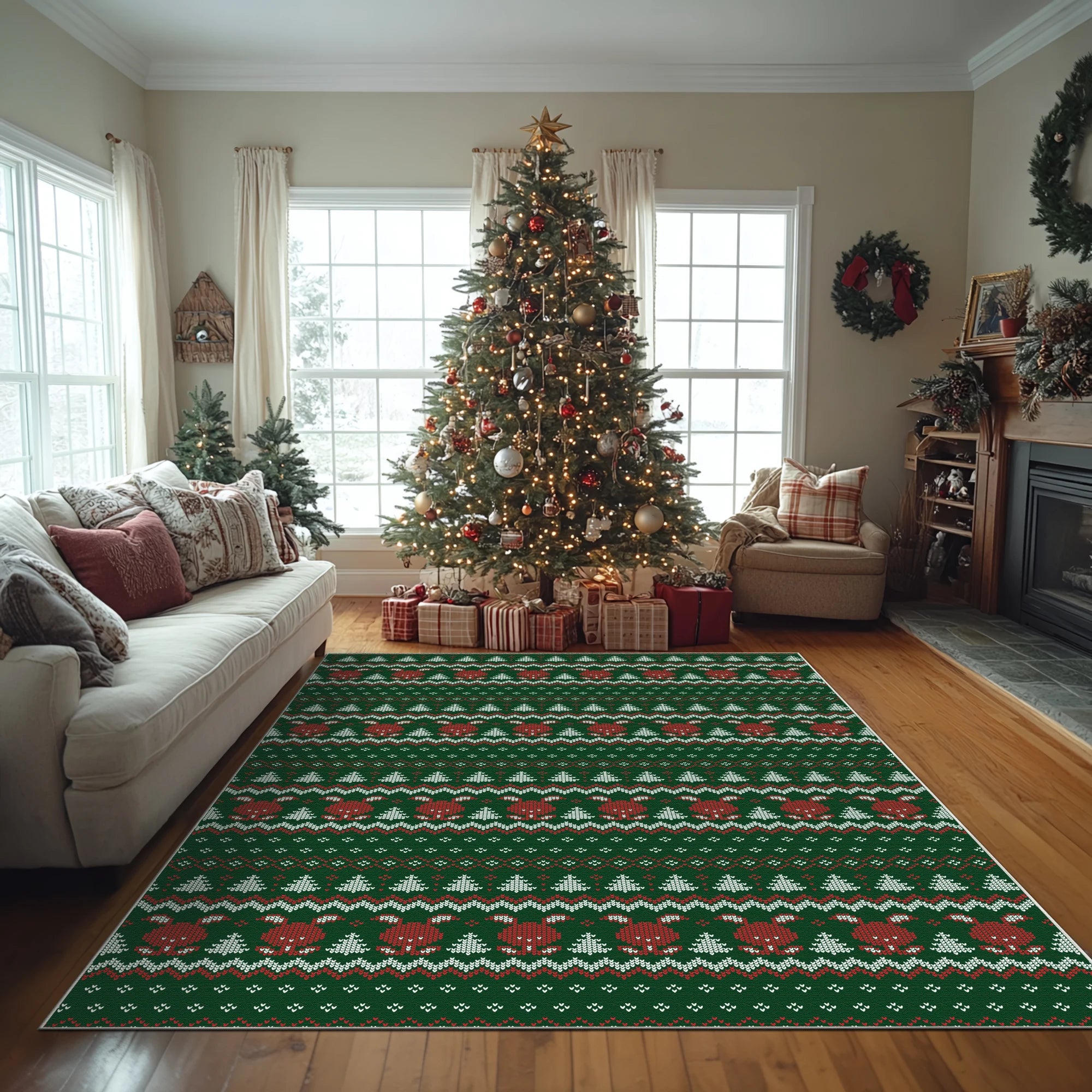 Weihnachtsteppich mit Rentier und Kiefernmotiv