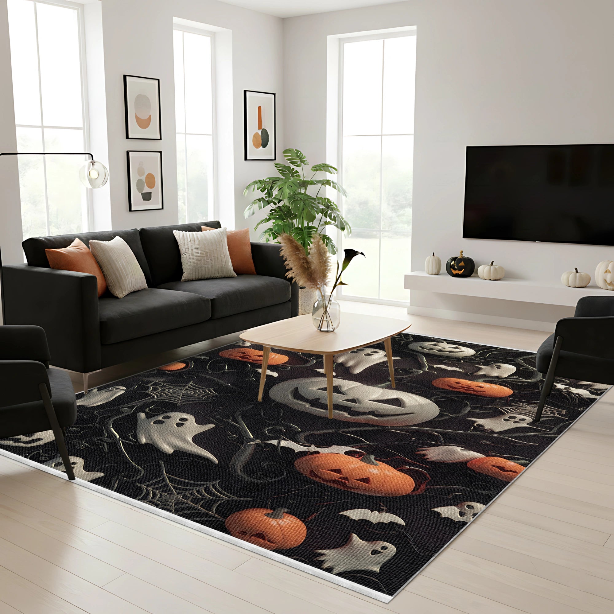 Verspielter Halloween Teppich mit Geister Kürbis Motiv